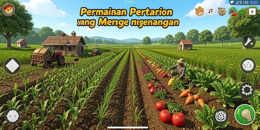Screenshot gameplay 8180 menunjukkan lahan pertanian yang indah dan produktif.