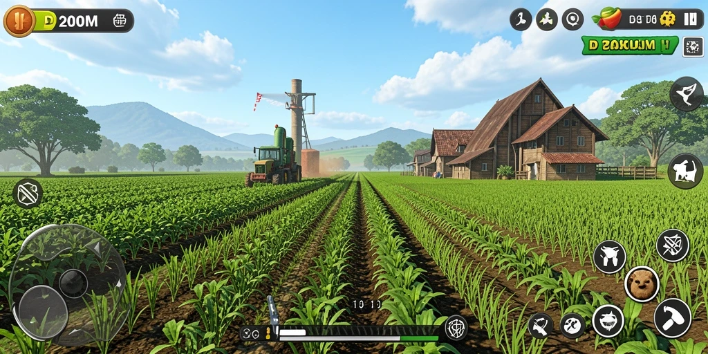 Screenshot utama D200M menampilkan kebun yang penuh warna dan hewan lucu.