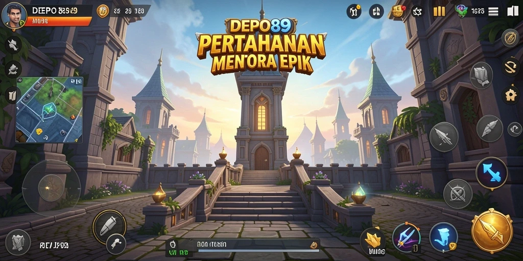 Screenshot gameplay DEPO89 yang menampilkan pertahanan menara yang strategis.