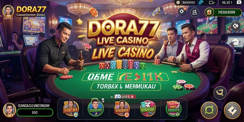 Tampilan gameplay DORA77 menampilkan dealer langsung dan suasana kasino yang mendebarkan.