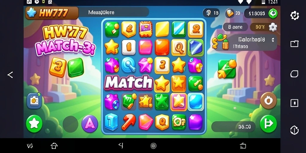 Screenshot HW777 menampilkan gameplay seru dari level Match-3.