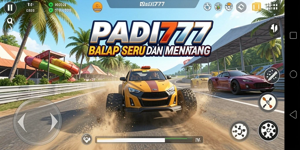 Screenshot gameplay menunjukkan aksi balapan yang seru di PADI777.