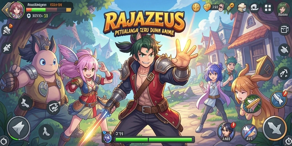 Tangkapan layar gameplay RAJAZEUS menampilkan karakter anime yang khas.
