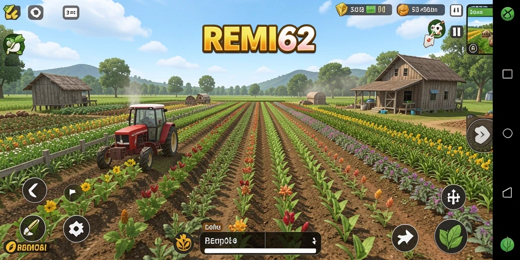 Tampilan screenshot utama REMI62 menampilkan ladang penuh dengan berbagai tanaman.