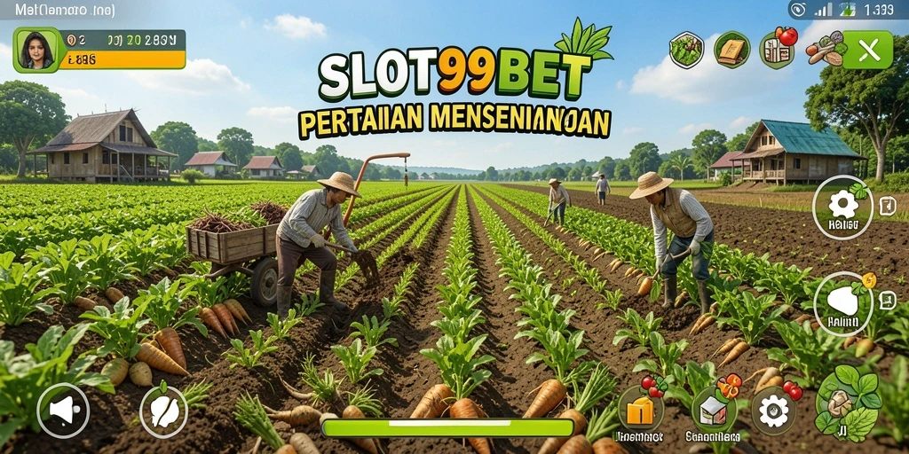 Tangkapan layar menunjukkan petani yang merawat ladang hijau dengan tanaman subur.