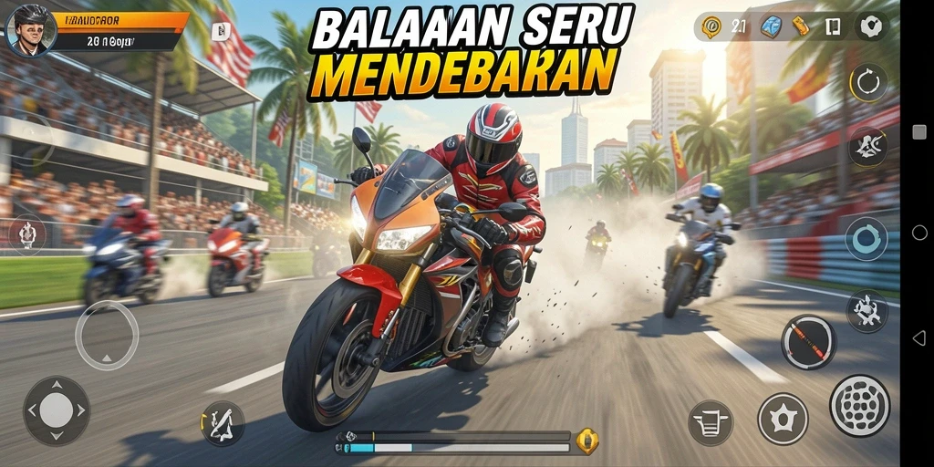 Screenshot gameplay V21 menampilkan balapan motor yang seru dan penuh aksi.